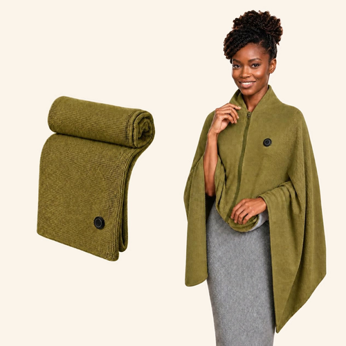 Warm and Go verde oliva con modelo y fondo crema